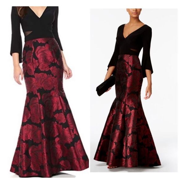 Xscape Elegant Black and Red Floral Brocade Mermaid Gown Size 4 - Picture 1 of 16